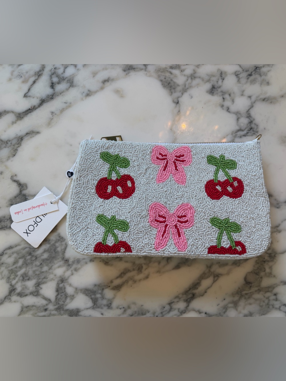 NWT Wildfox Beaded Cherry Bow Clutch Crossbody Bag White Pink Red Handmade